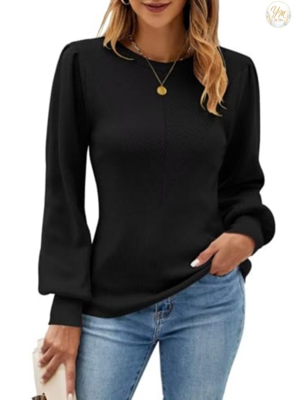 Womens Crew Neck Ribbed Knit Pullover Sweater Long Sleeve Cozy Fall Top